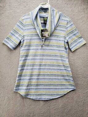 Pure Essence Cowl Neck Top Womens Small Short Sleeve Blue Yellow Striped NWT